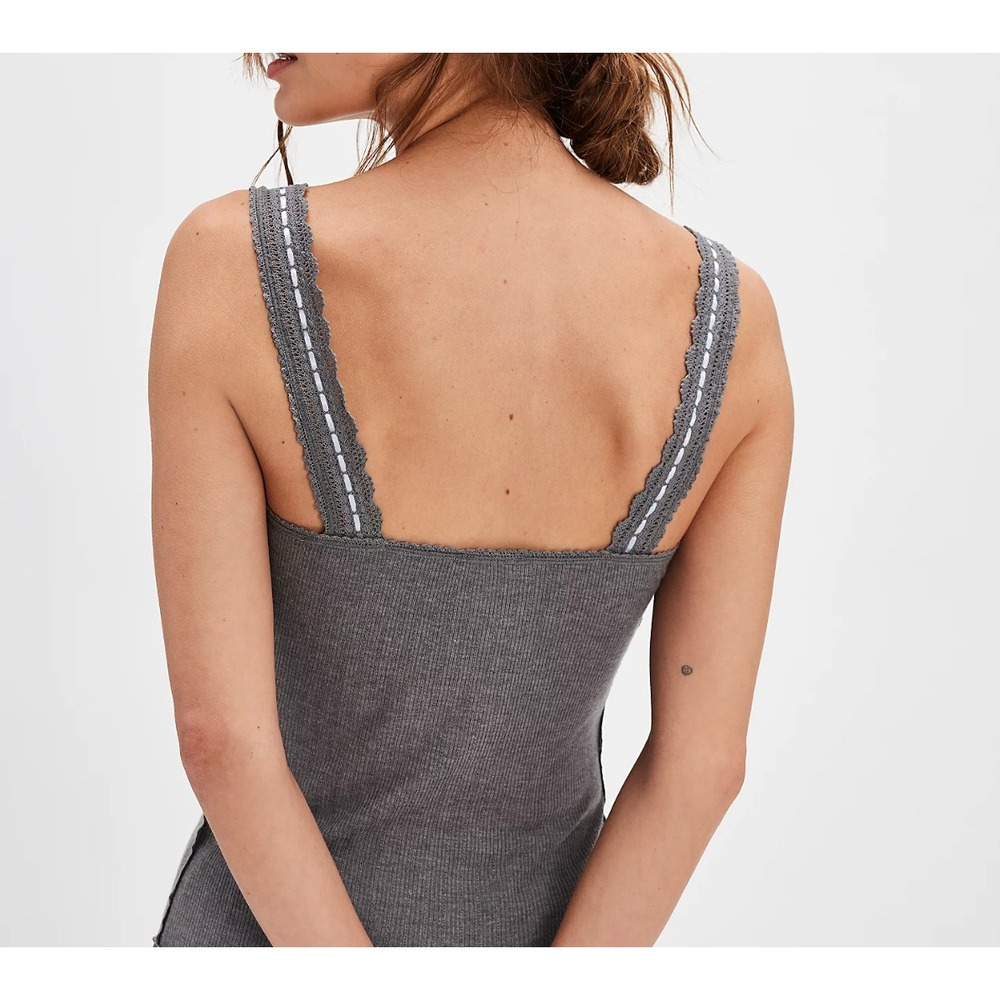 NWT Free People Intimately Only You Gray Ribbed Ribbon Lace Tank Top XS - Picture 3 of 6